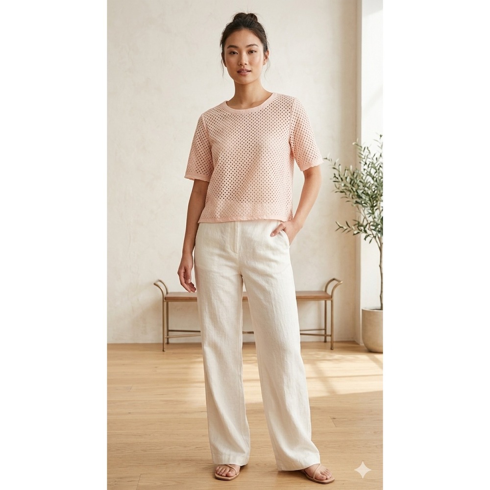 Banana Republic Peach Pink Eyelet Short Sleeve Top Back Zip Petite Large